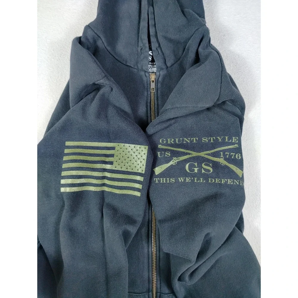 Grunt Style Hoodie Sweatshirt Mens Large Black Full Zip Skull Patriotic Military